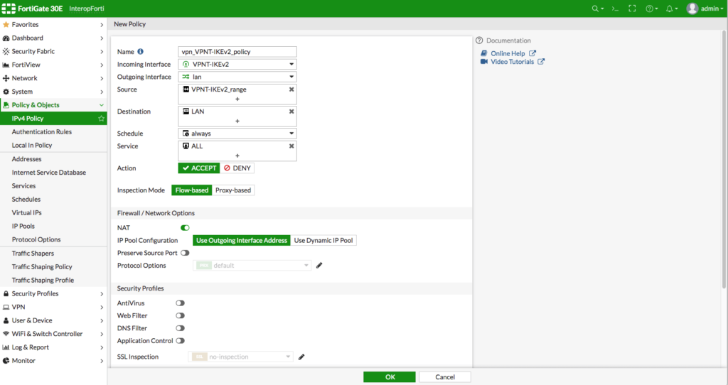 FortiGate VPN setup: configuring IPv4 policy rules for IKEv2 VPN tunnel