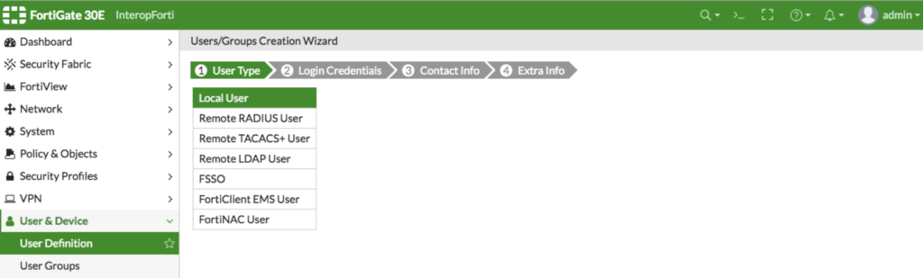 FortiGate VPN setup: selecting local user type in user creation wizard