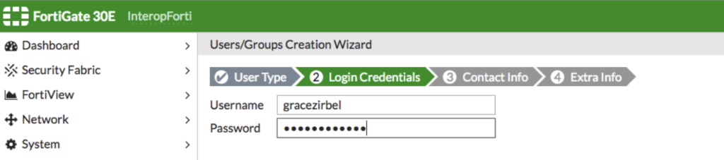 FortiGate VPN setup: entering VPN user credentials during setup wizard