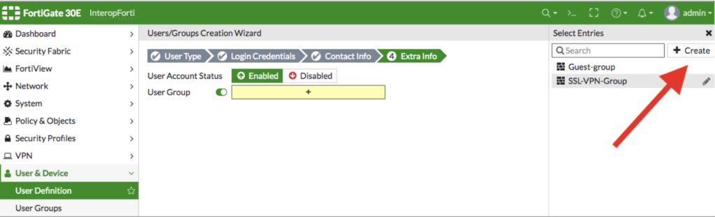 FortiGate VPN setup: assigning user to a VPN group in FortiGate firewall