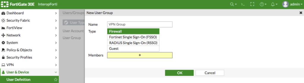 FortiGate VPN setup: creating a new firewall user group for VPN access