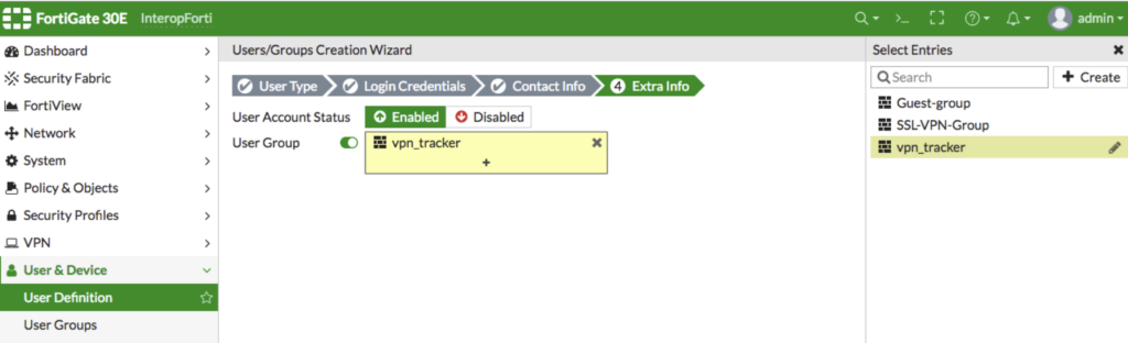 FortiGate VPN setup: assigning user to vpn_tracker group during account configuration
