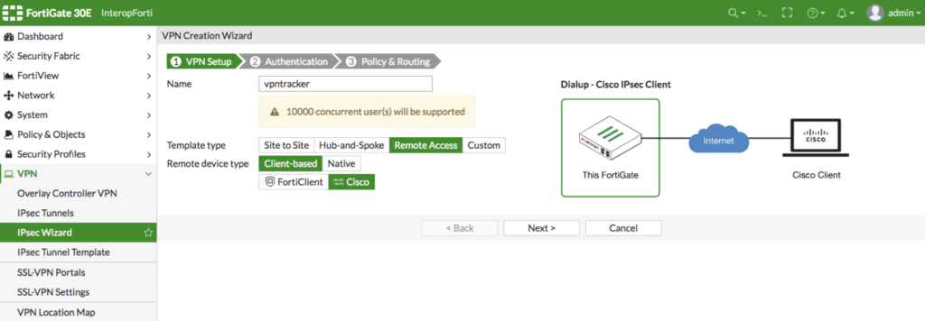 FortiGate VPN setup: starting IPsec VPN creation using Cisco client-based template