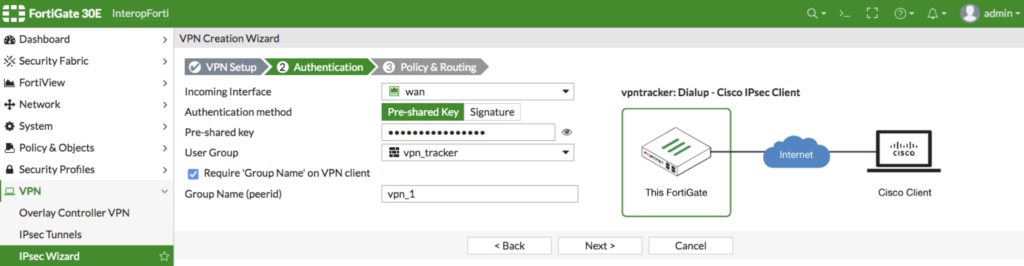 FortiGate VPN setup: entering authentication settings for IPsec VPN using pre-shared key