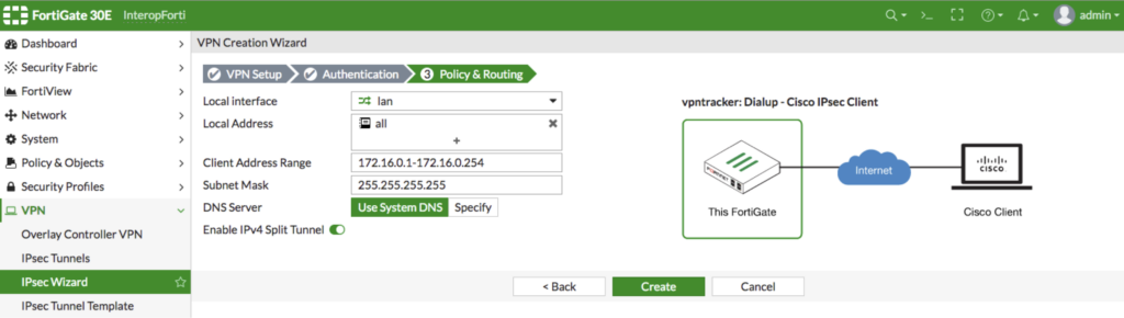 FortiGate VPN setup: configuring IP address range and DNS for IPsec tunnel in VPN wizard