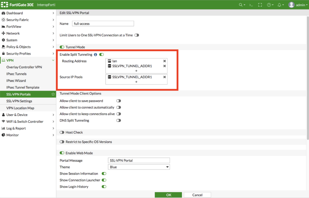 FortiGate SSL-VPN portal configuration with split tunneling enabled and custom routing address and IP pool