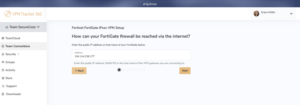 FortiGate VPN setup: entering WAN IP address in VPN Tracker IPsec VPN configuration