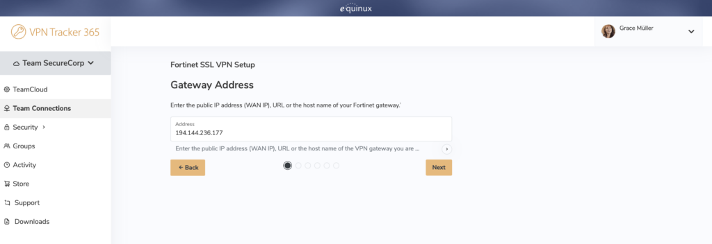 VPN Tracker 365 SSL VPN setup screen asking for Fortinet gateway IP address or URL with example IP 194.144.236.177