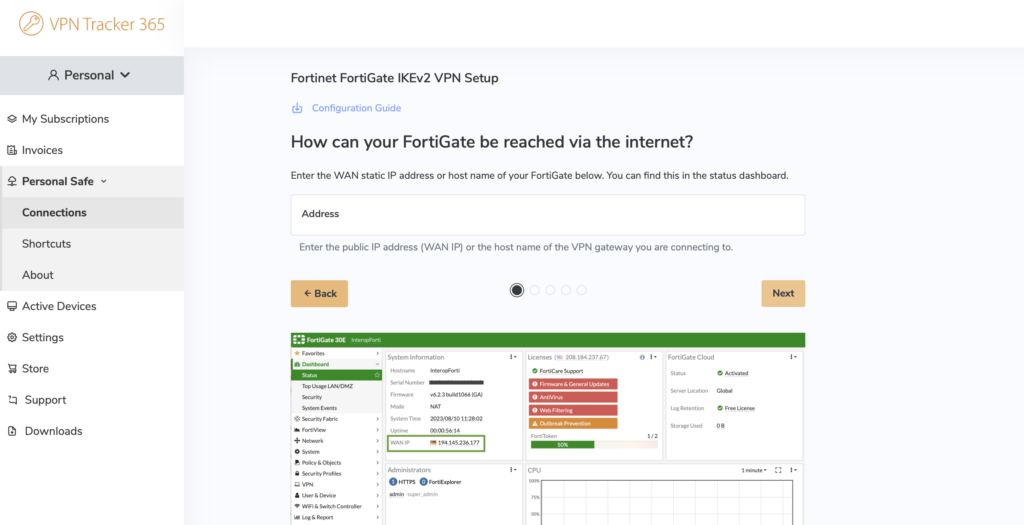 FortiGate VPN setup: entering WAN IP address in VPN Tracker IKEv2 setup wizard