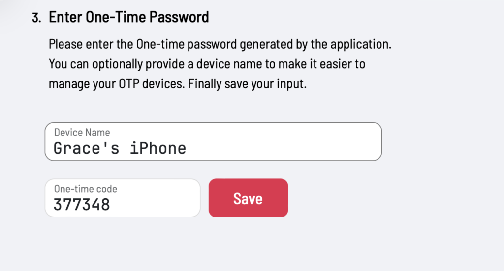 Entering one-time code to complete VPN Tracker two factor authentication setup