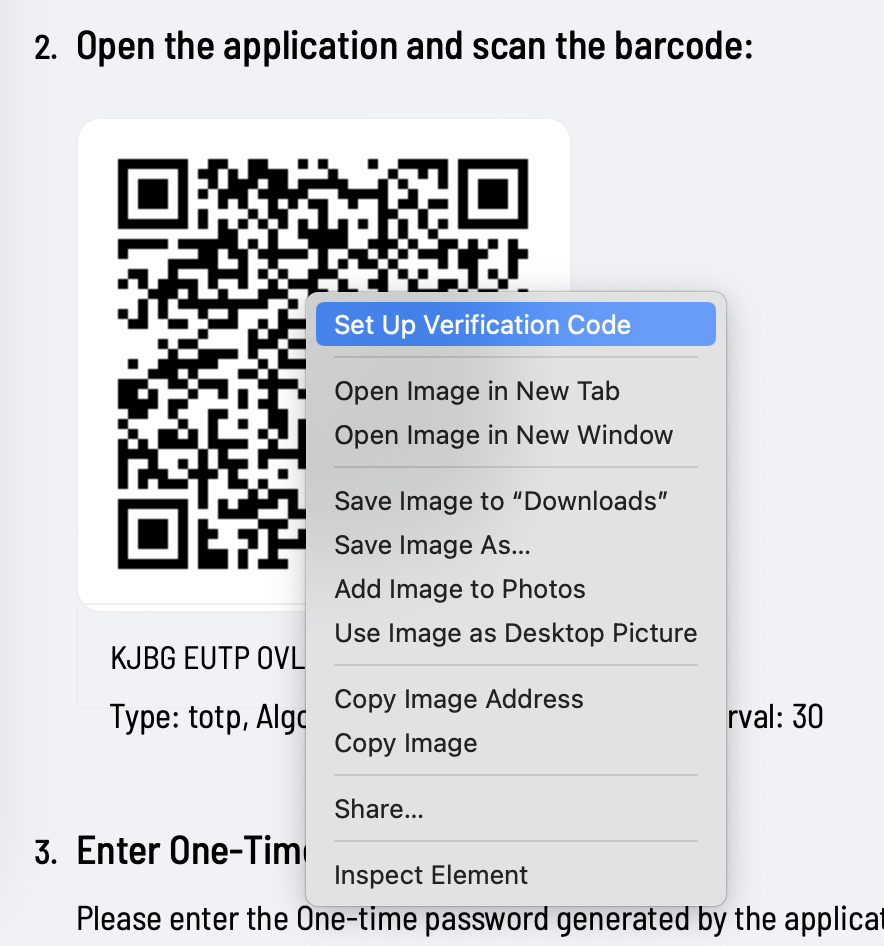 View of Safari 2FA setup for VPN Tracker account authentication