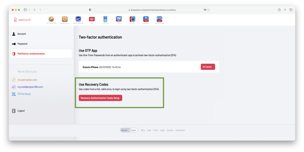 Generating new recovery codes for VPN two factor authentication in VPN Tracker