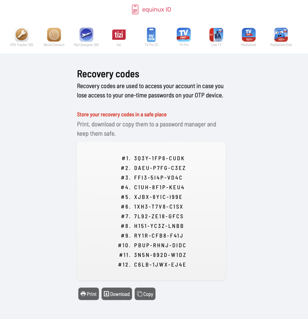 List of generated recovery codes for VPN two factor authentication in VPN Tracker