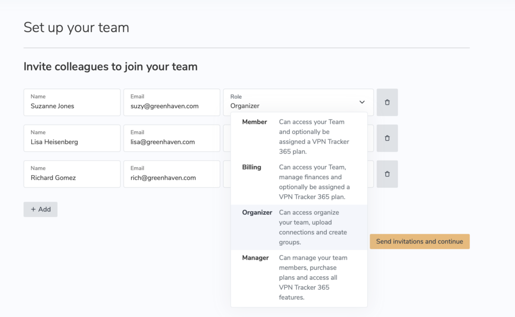 Invite members and assign roles in VPN team management