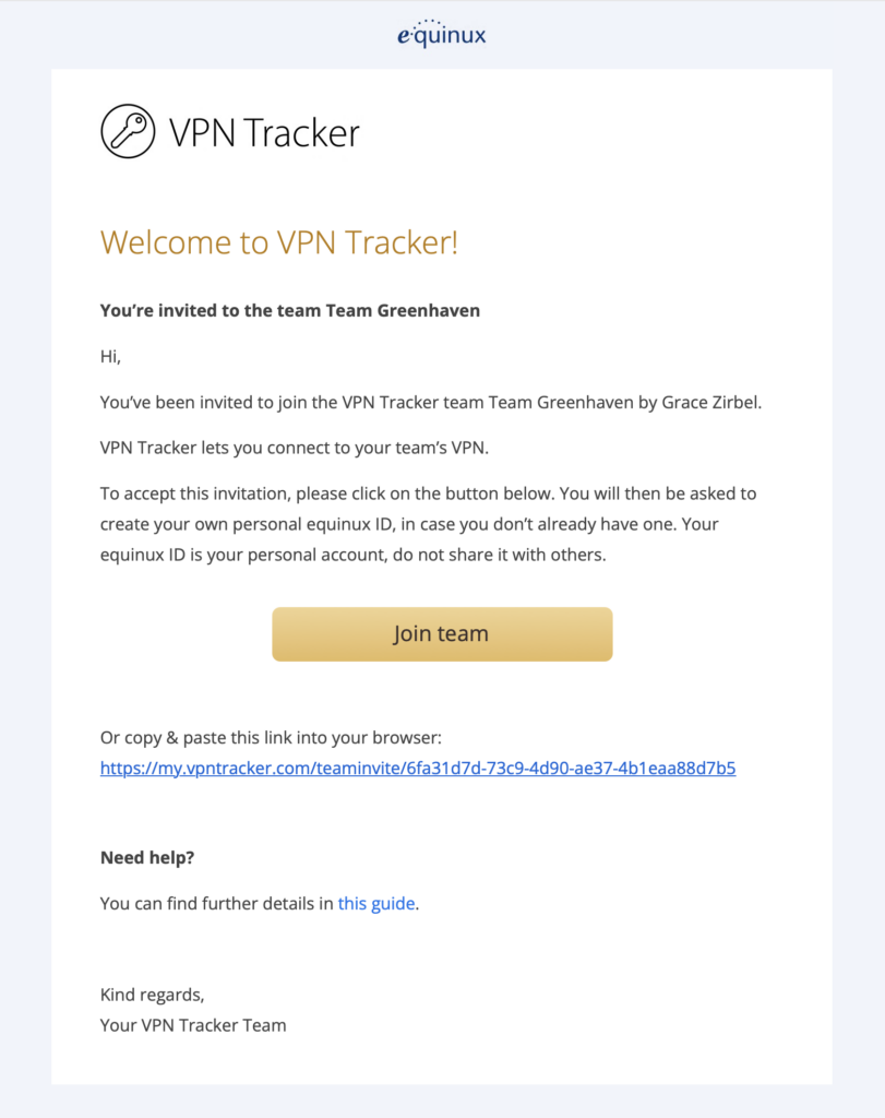 VPN team management invitation email sent to new members