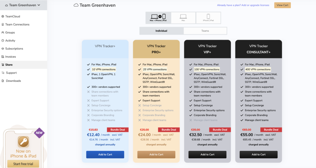 Purchase licenses during VPN team management in Team Store