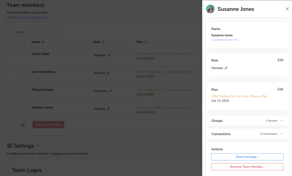 User management options in the VPN team management action panel