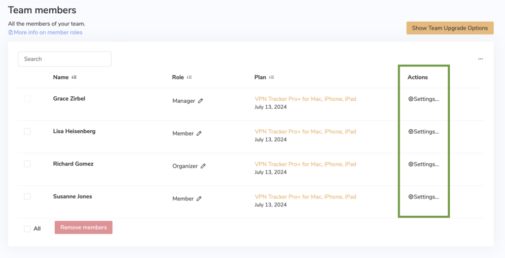 Actions tab in VPN team management to manage users