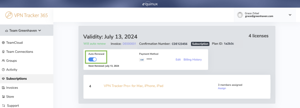 Automatic renewal settings in VPN team management