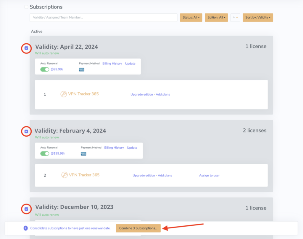 Consolidate active subscriptions in VPN team management