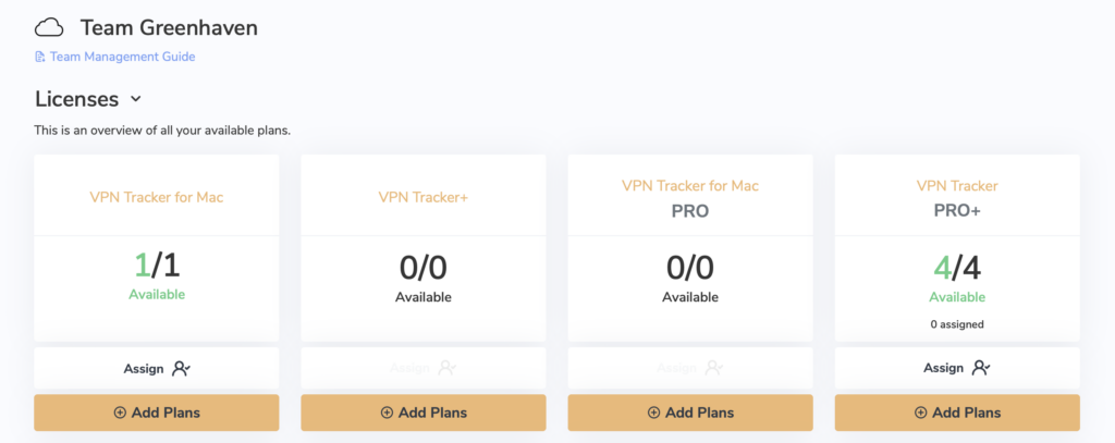 Newly purchased licenses shown in VPN team management overview