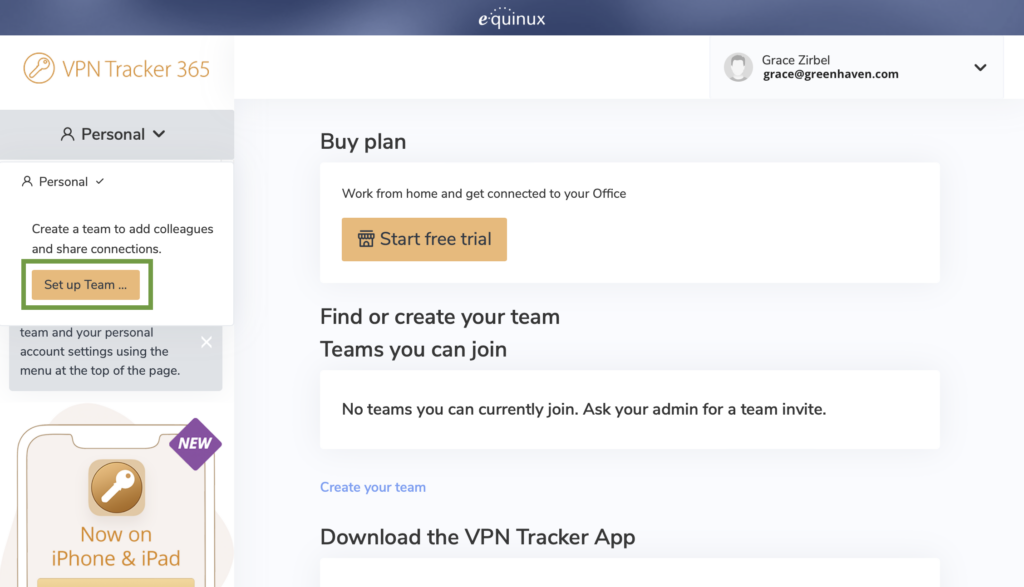 Start VPN team management by creating a new team