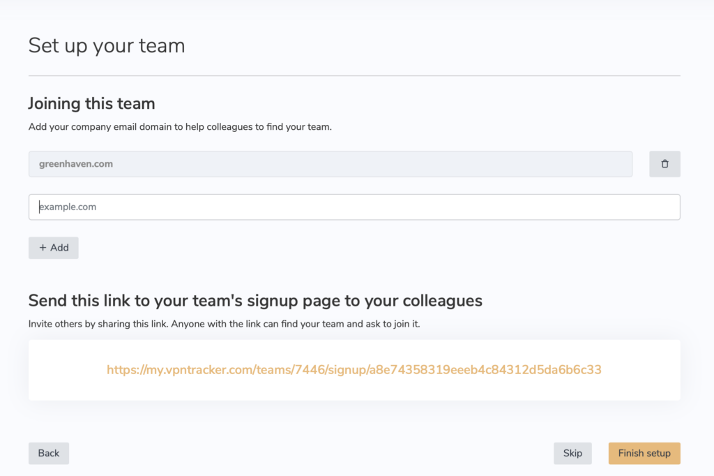 Additional onboarding options during VPN team management