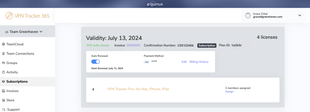 Manage subscriptions in VPN team management overview