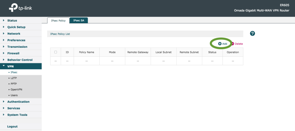 Add a new IPsec policy for TP-Link Omada