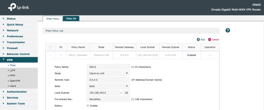 Omada VPN initial settings