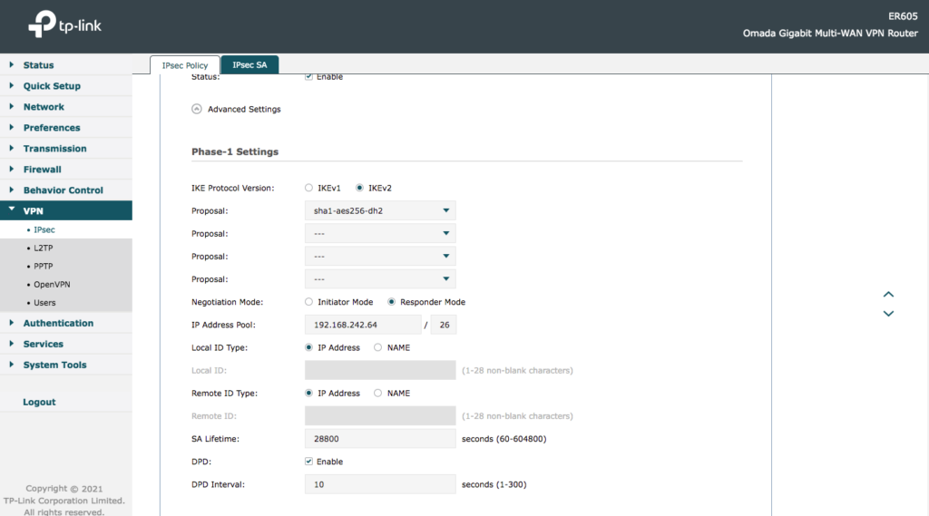 TP-Link IKEv2 phase 1 settings