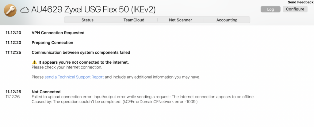 Check internet connection to resolve VPN not working or VPN connection failed errors in VPN Tracker