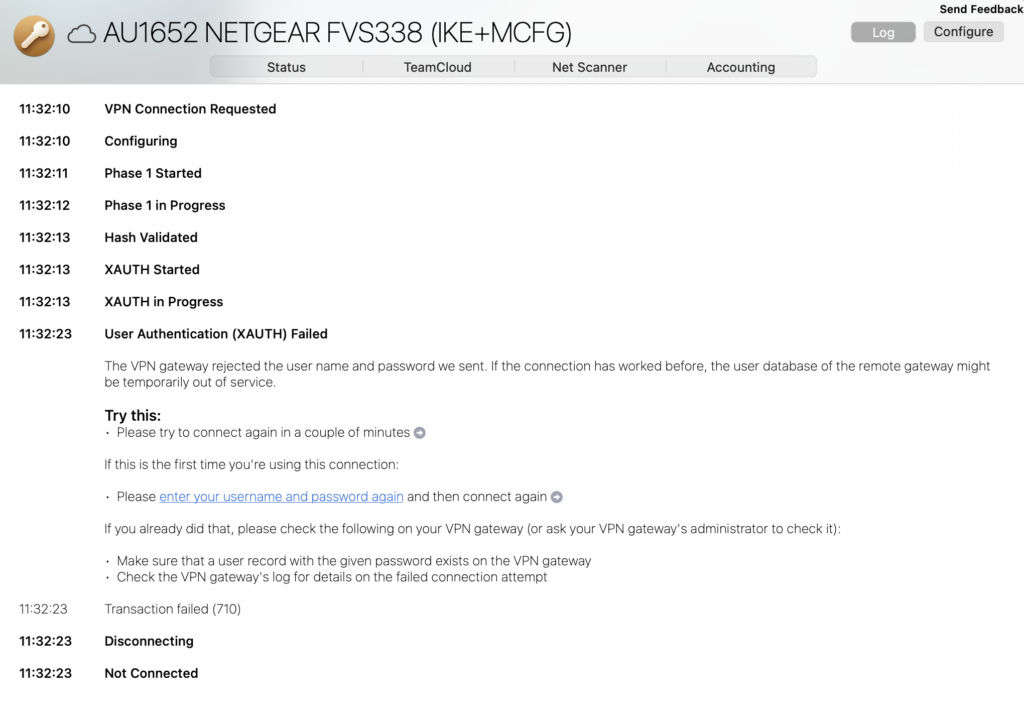 VPN authentication failed in VPN Tracker – XAUTH user login error