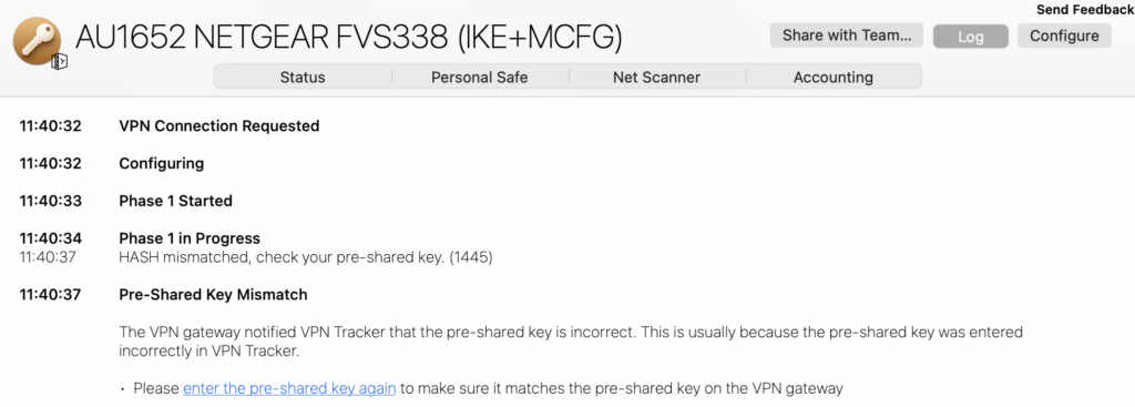 Pre-shared key error in VPN Tracker – Hash Mismatch authentication failure
