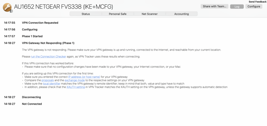 VPN Tracker error: VPN gateway not responding – how to fix Phase 1 connection failed