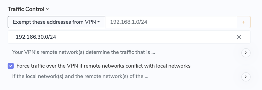 Traffic Control Regeln für Split Tunneling im IKEv1 IPsec VPN in VPN Tracker