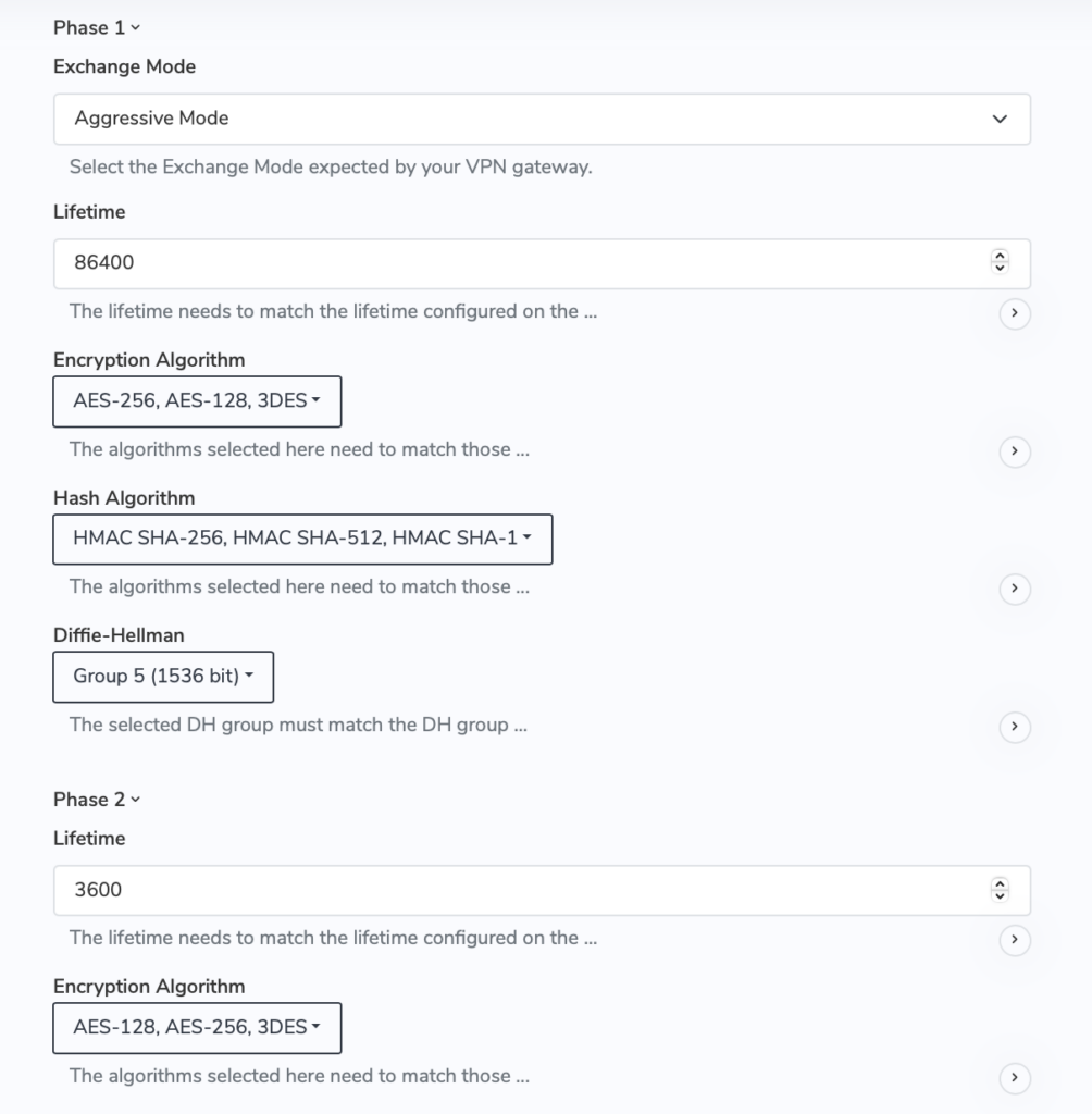 IKEv1 IPsec Verschlüsselungs und Authentifizierungsalgorithmen für Phase 1 und Phase 2 in VPN Tracker auswählen