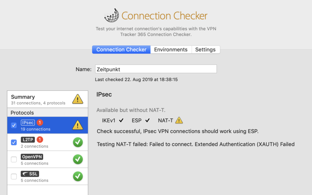 VPN connection failed due to IPsec NAT-T compatibility issues – troubleshoot with VPN Tracker Connection Checker