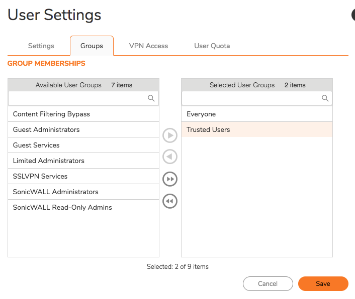 SSLVPN Gruppe für SSL VPN Nutzer auf SonicWall auswählen