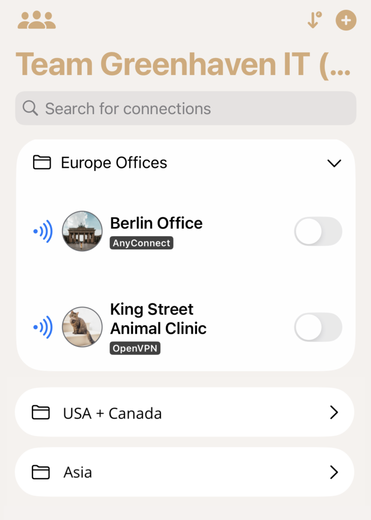 VPN Tracker iOS update showing WireGuard connection details with stop, configure, pin, and share options on iPhone