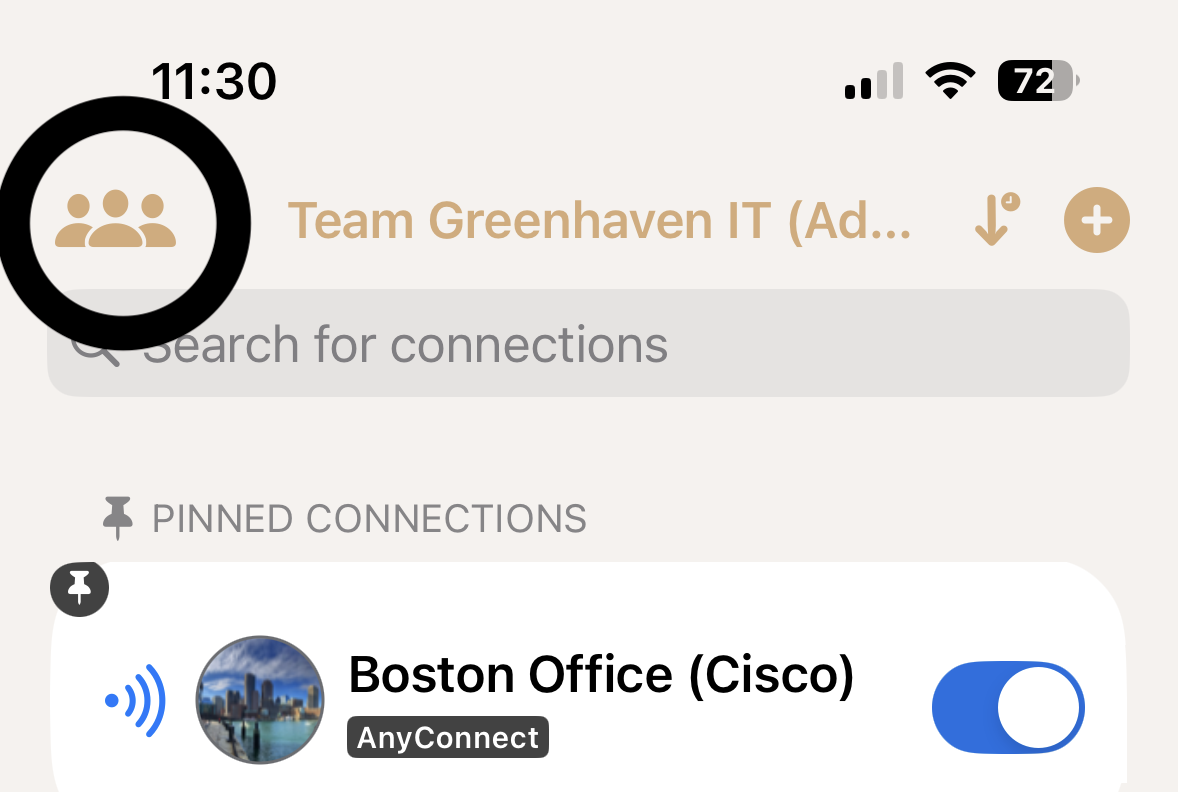 VPN Tracker iOS update showing team switcher button and pinned VPN connection on iPhone