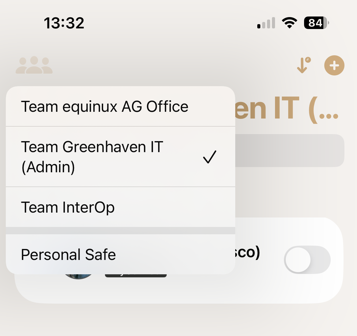 VPN Tracker iOS update displaying team selection menu with multiple teams and Personal Safe on iPhone