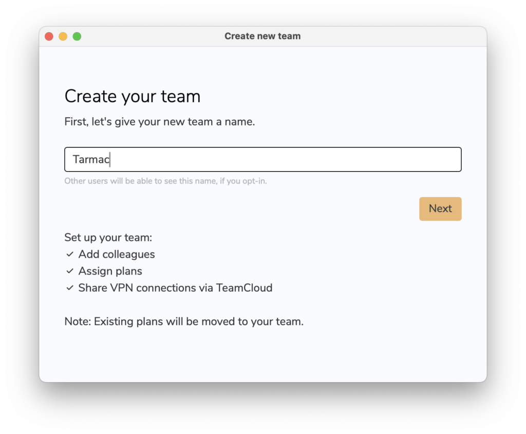 Erstellen Sie ein neues Team in VPN Tracker, um zu WireGuard VPN zu migrieren