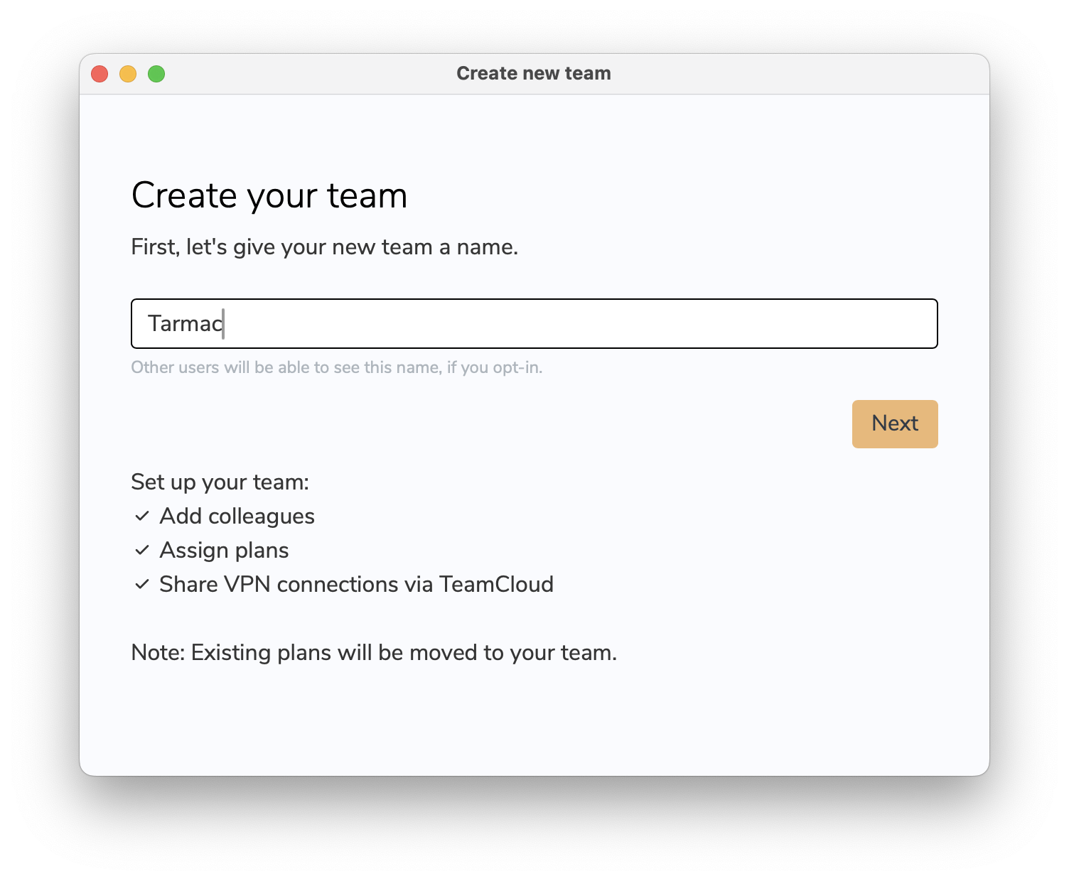 Create a new team in VPN Tracker