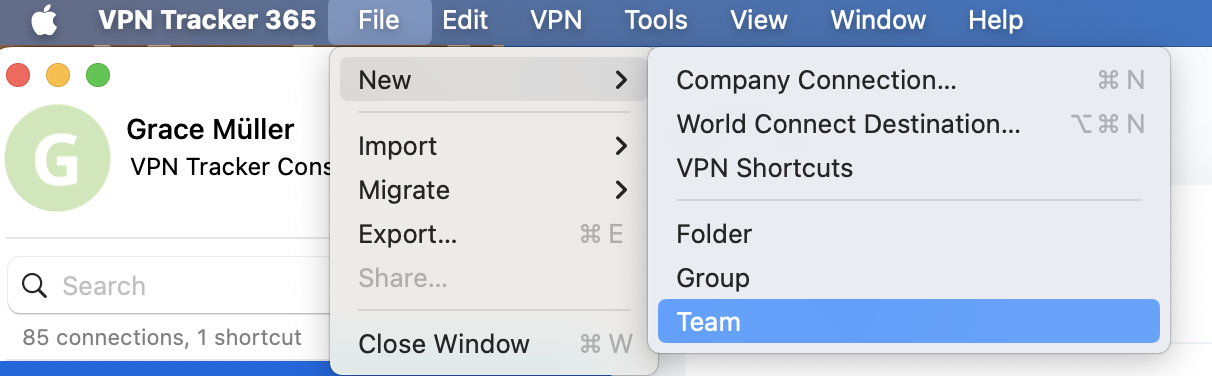 Create a new team in VPN Tracker