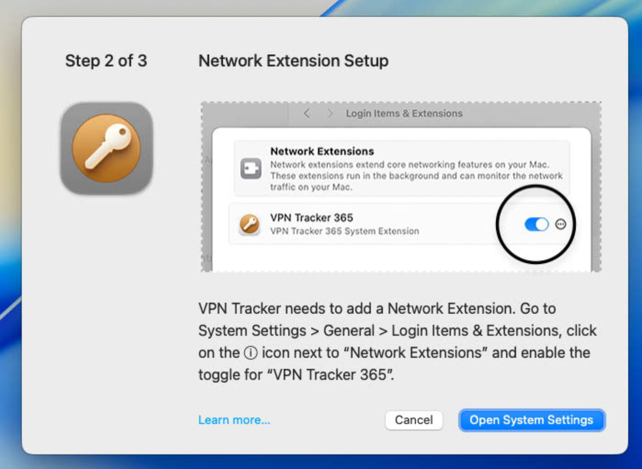 A macOS 26 Tahoe installation screen, "Step 2 of 3: Network Extension Setup," displays instructions for enabling the VPN Tracker 365 network extension. On the left, a key icon in an orange circle is visible. The main part of the screen shows a simulated view of "Login Items & Extensions" in System Settings, with "Network Extensions" explained and a toggle switch for "VPN Tracker 365 System Extension" circled to highlight its disabled state. The text below instructs the user to navigate to System Settings > General > Login Items & Extensions, click the information icon next to "Network Extensions," and enable the toggle for "VPN Tracker 365" to allow the VPN macOS Tahoe functionality. Buttons for "Learn more...", "Cancel", and "Open System Settings" are at the bottom.