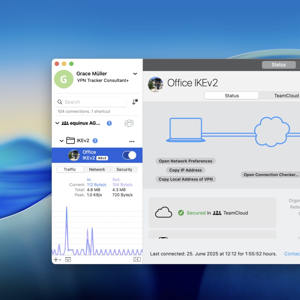 A screenshot of the VPN Tracker 365 application running on macOS 26 Tahoe shows its user interface. On the left, the app's sidebar displays "Grace Müller" as the user, with "VPN Tracker Consultant+" plan. Below, "equinux AG..." and "IKEv2" connections are listed. The "IKEv2" connection shows "Office IKEv2" selected, with "Traffic," "Network," and "Security" tabs. The "Traffic" tab displays real-time data with "In: Current: 112 Byte/s," "Total: 4.8 MB," "Peak: 1.0 KB/s" and "Out: 104 Byte/s," "4.3 MB," "720 Byte/s" respectively, along with a graph visualizing network activity. The right side of the window focuses on "Office IKEv2" status. It shows a visual representation of a laptop connecting to a cloud, indicating "Secured" with "TeamCloud." Options like "Open Network Preferences," "Copy IP Address," "Copy Local Address of VPN," and "Open Connection Checker..." are visible. The bottom right indicates the "Last connected: 25. June 2025 at 12:12 for 1:55:52 hours," providing details about the VPN on macOS Tahoe.