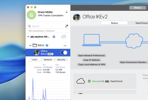 A screenshot of the VPN Tracker 365 application running on macOS 26 Tahoe shows its user interface. On the left, the app's sidebar displays "Grace Müller" as the user, with "VPN Tracker Consultant+" plan. Below, "equinux AG..." and "IKEv2" connections are listed. The "IKEv2" connection shows "Office IKEv2" selected, with "Traffic," "Network," and "Security" tabs. The "Traffic" tab displays real-time data with "In: Current: 112 Byte/s," "Total: 4.8 MB," "Peak: 1.0 KB/s" and "Out: 104 Byte/s," "4.3 MB," "720 Byte/s" respectively, along with a graph visualizing network activity. The right side of the window focuses on "Office IKEv2" status. It shows a visual representation of a laptop connecting to a cloud, indicating "Secured" with "TeamCloud." Options like "Open Network Preferences," "Copy IP Address," "Copy Local Address of VPN," and "Open Connection Checker..." are visible. The bottom right indicates the "Last connected: 25. June 2025 at 12:12 for 1:55:52 hours," providing details about the VPN on macOS Tahoe.