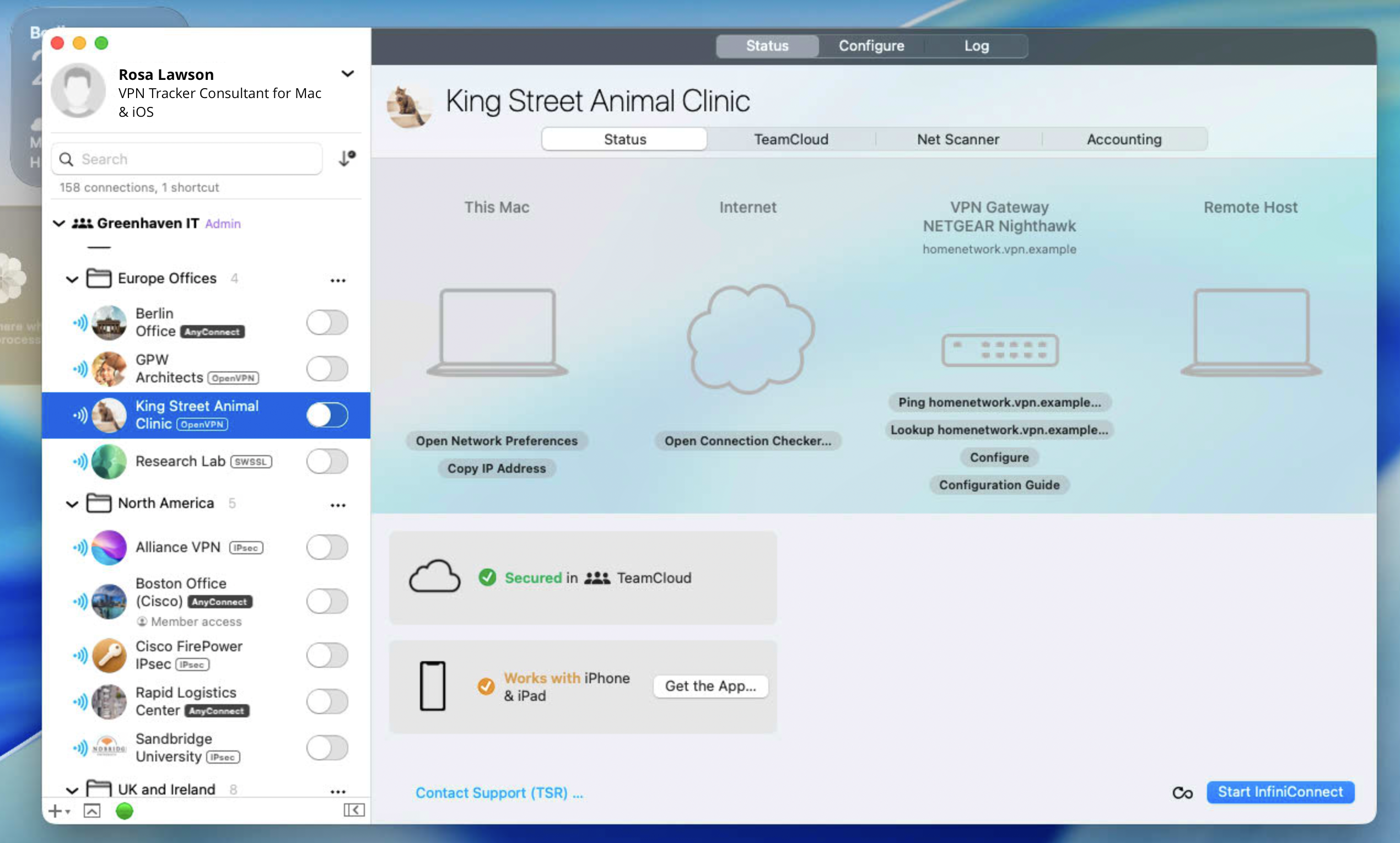 Screenshot der VPN Tracker macOS App mit einer VPN-Verbindungsliste für mehrere Protokolle und einem detaillierten Status-Dashboard für OpenVPN und andere VPN-Typen.