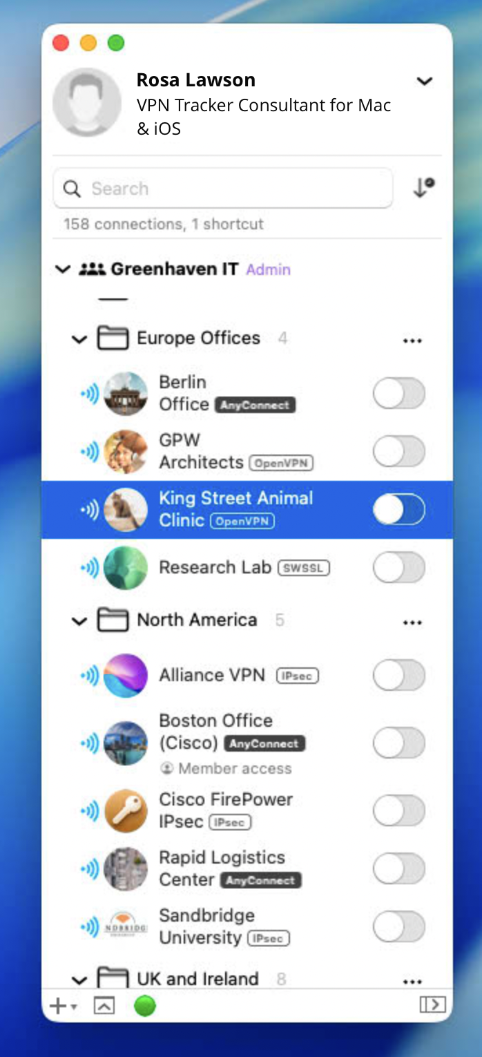 Screenshot der VPN Tracker macOS App mit Admin-Ansicht: Gruppierte VPN-Verbindungen für mehrere Standorte und Protokolle.
